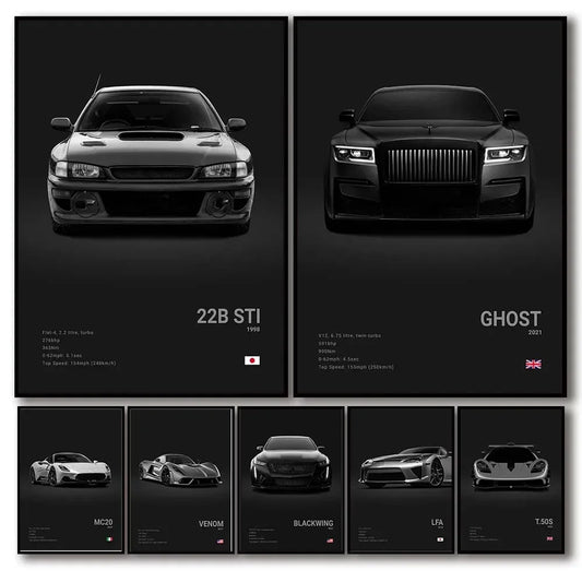 Pop Art Black Supercar Canvas Wall Art Poster for Home & Garage
