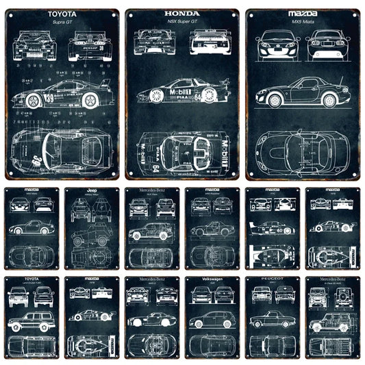 Vintage Car Blueprint Metal Sign | Retro Automotive Wall Art