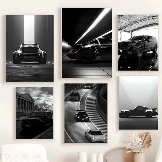 Black & White Luxury Car Photography Canvas Wall Art Poster