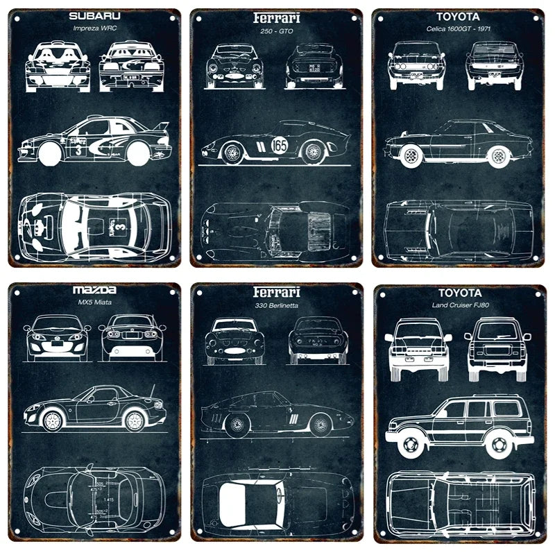 Vintage Car Blueprint Metal Sign | Retro Automotive Wall Art