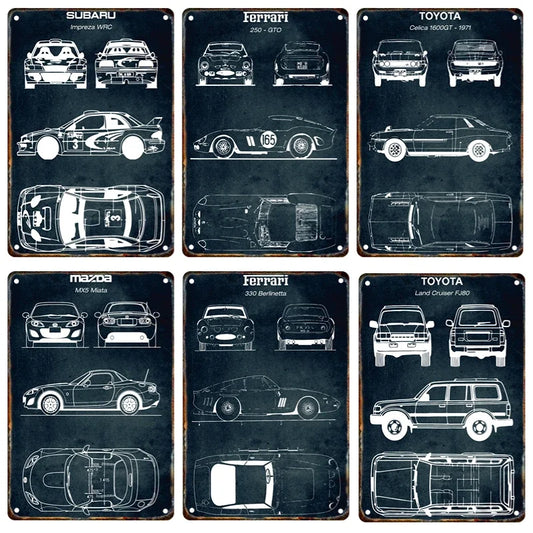 Vintage Car Blueprint Metal Sign | Retro Automotive Wall Art