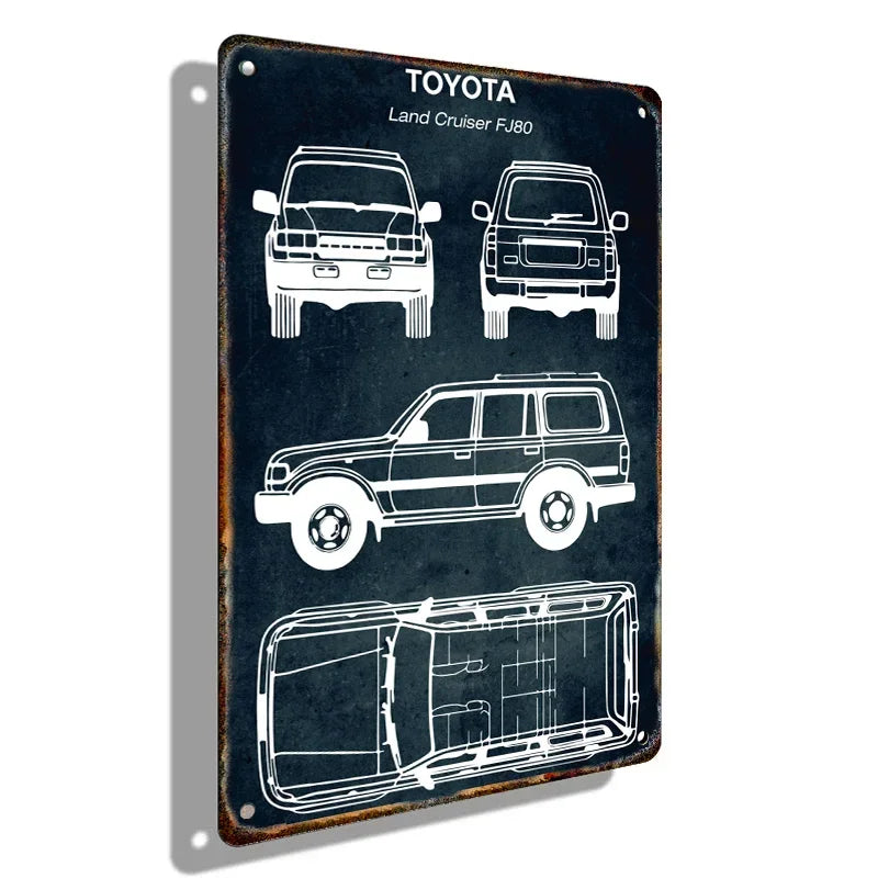 Vintage Car Blueprint Metal Sign | Retro Automotive Wall Art