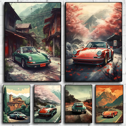 80s Tokyo Neon JDM Cars Canvas Wall Art, Fuji & Sakura Poster
