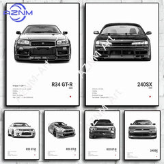 Black & White JDM Supercar Canvas Wall Art Poster – R34 & 240SX
