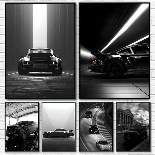 Black & White Luxury Car Photography Canvas Wall Art Poster