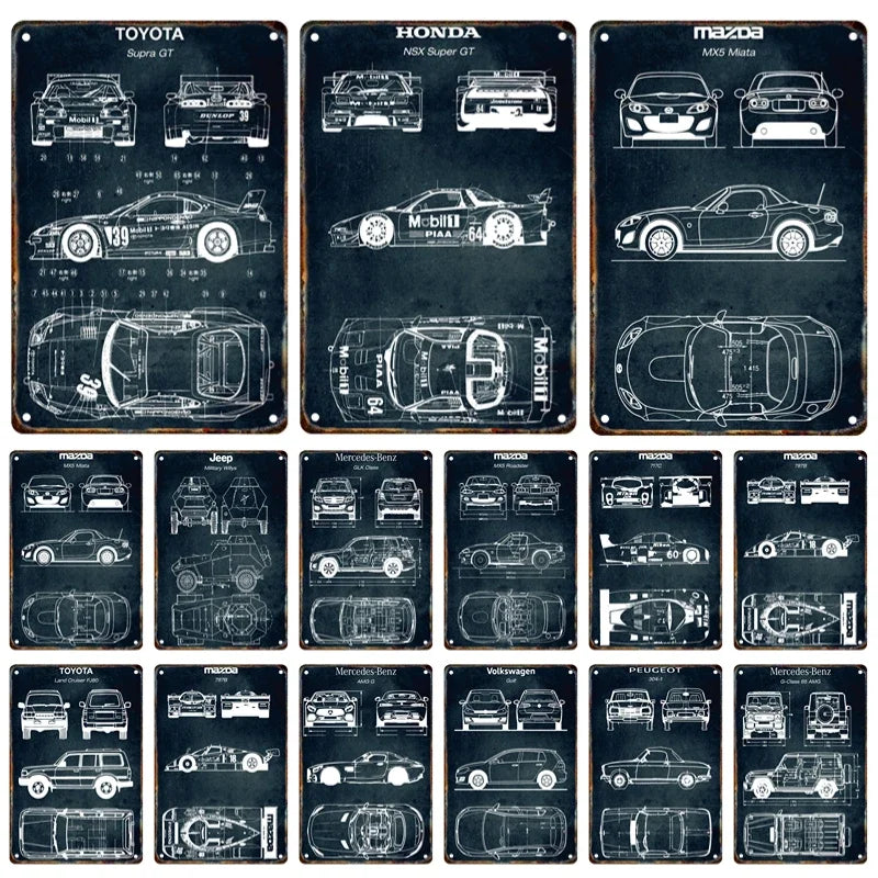 Vintage Car Blueprint Metal Sign | Retro Automotive Wall Art