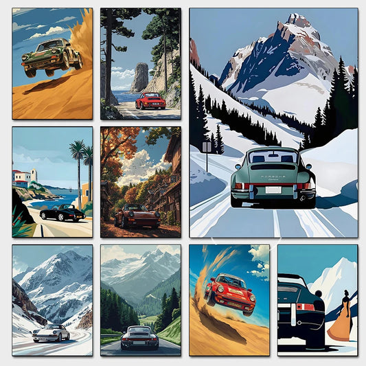 Classic Porsche 911 Alpine Drive Canvas Wall Art Retro Cartoon Print