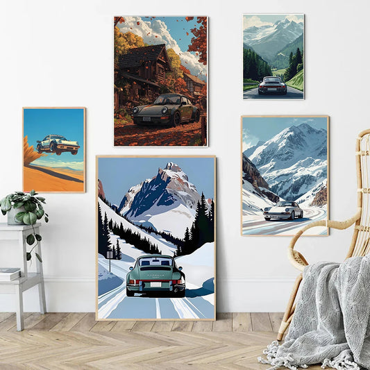 Classic Porsche 911 Alpine Drive Canvas Wall Art Retro Cartoon Print